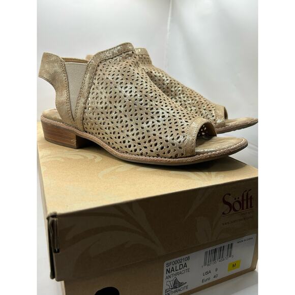 Sofft Nalda Metallic Tan Perforated Suede Peep Toe Comfort Sandals Womens Size 9 - Picture 1 of 9